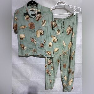 Vintage Tori Richard 2 Piece Set Outfit Women's L Top M Pants Seashell Beach